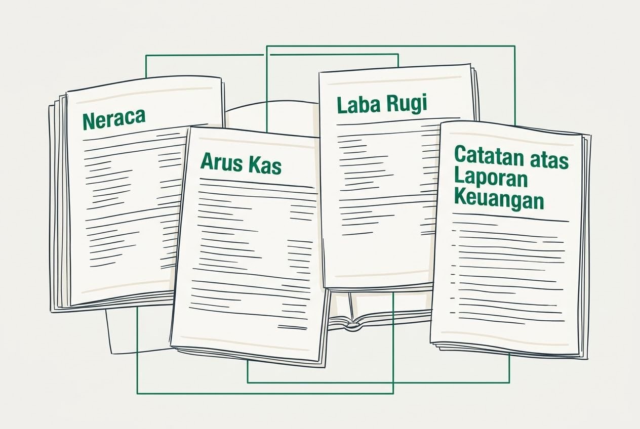 Ilustrasi laporan keuangan tahunan emiten dengan halaman neraca dan arus kas