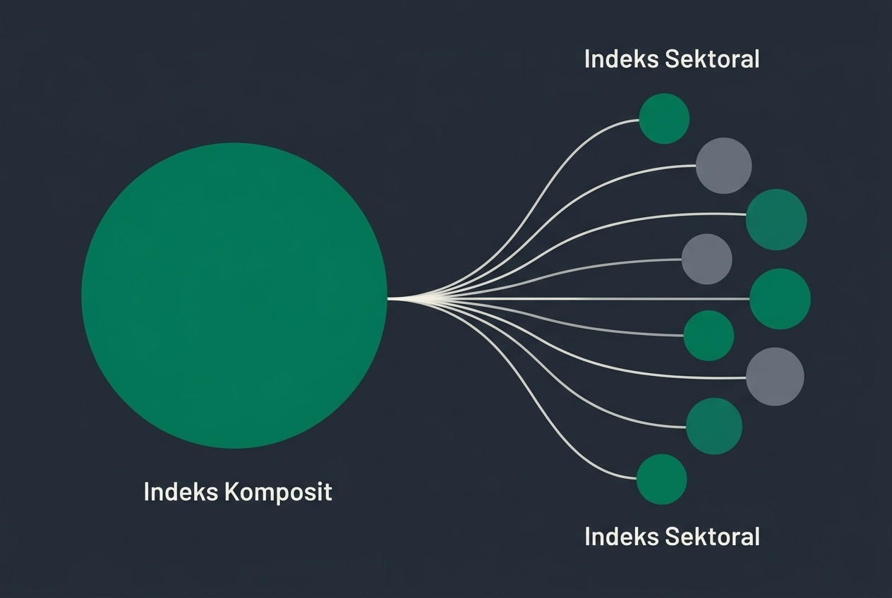 Ilustrasi indeks sektor dan komposit dengan grid grafik berwarna emerald