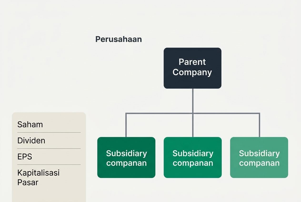 Ilustrasi struktur perusahaan dengan bagan organigram dan istilah saham