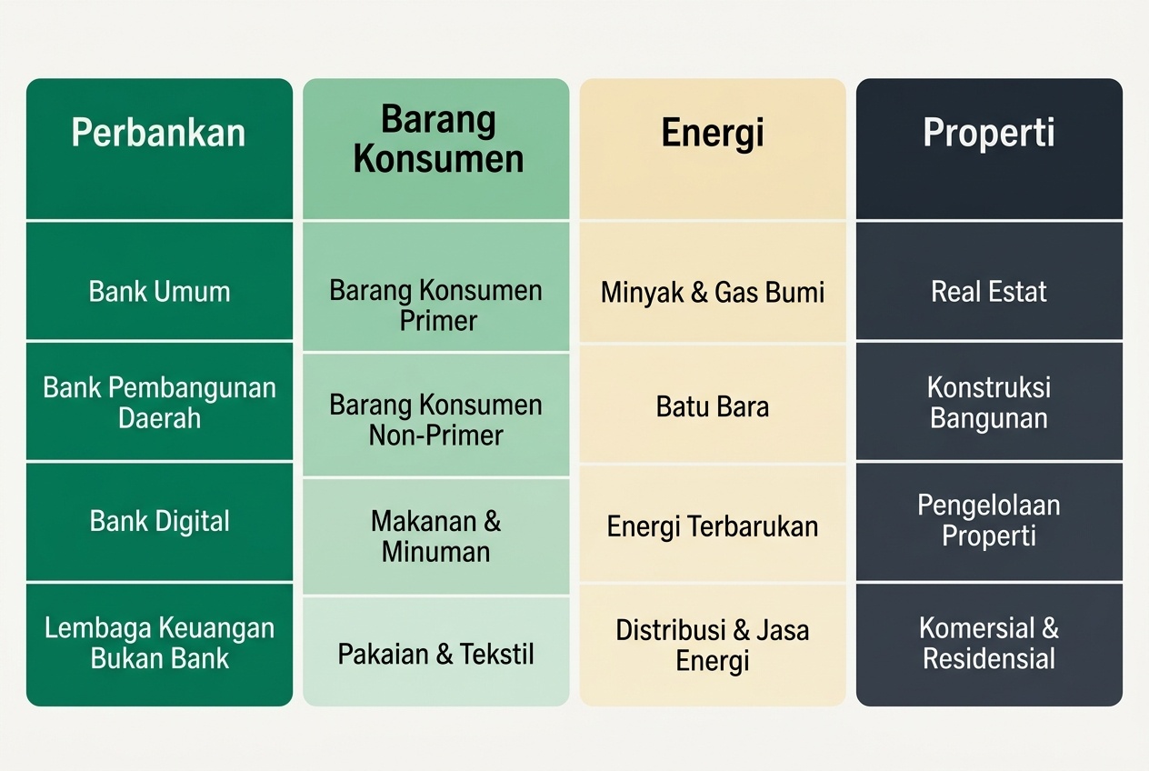Peta klasifikasi sektor pasar modal Indonesia dengan beberapa lapisan industri dalam nuansa grafit dan emerald